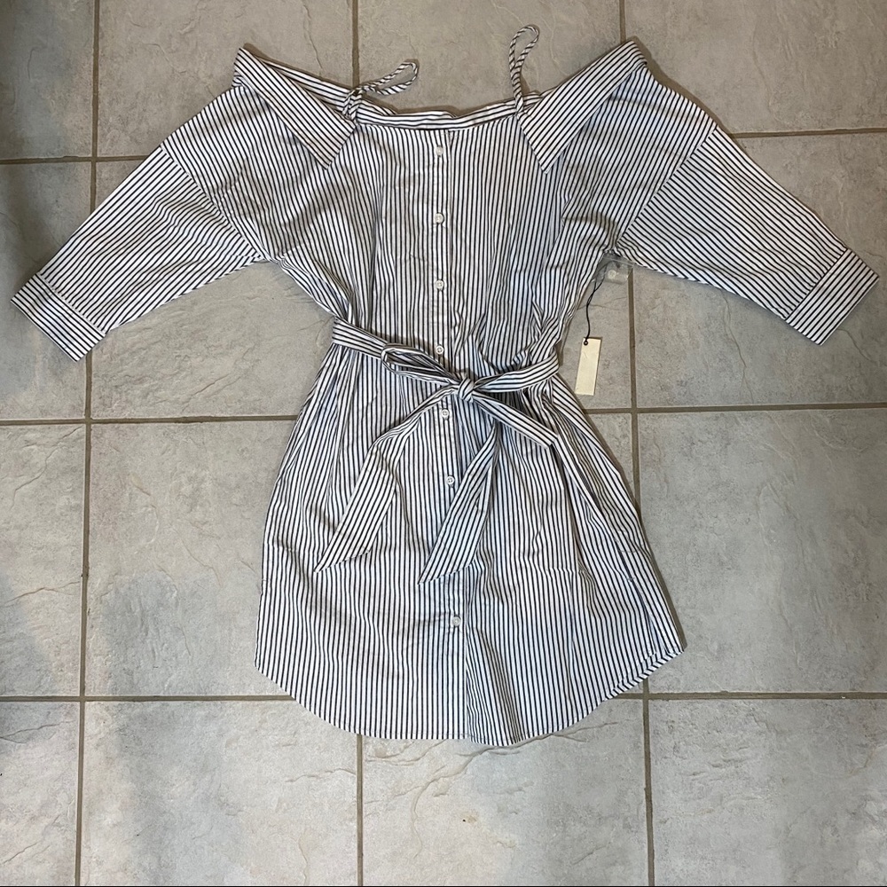 Sneak Peak Shirt Dress Railroad Mini Pinstriped Belted Cuff Sleeves Pocket Beach - Picture 13 of 13